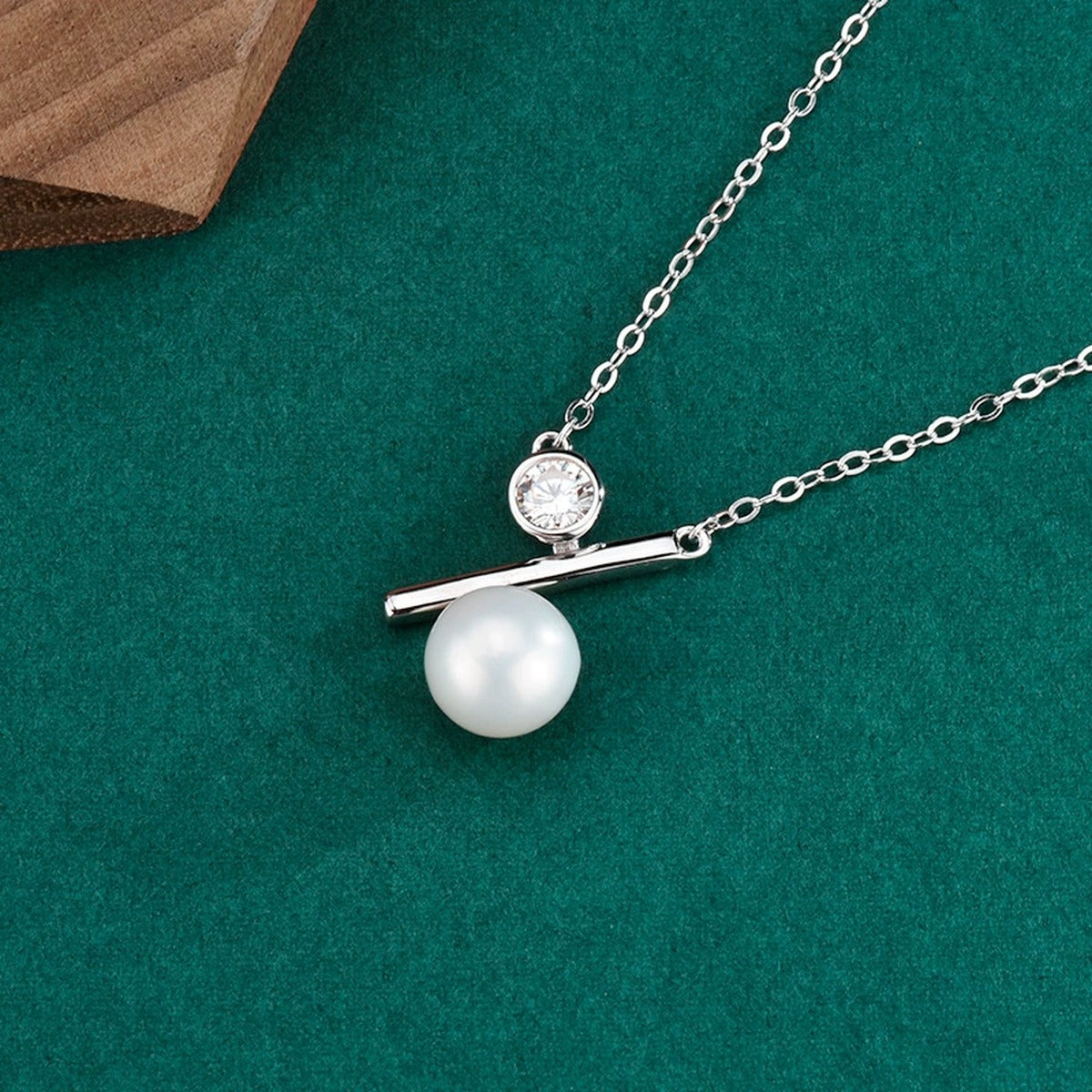 Bar Pearl Round Moissanite Necklace in Gold-Plated S925 sterling silver angled product detail view