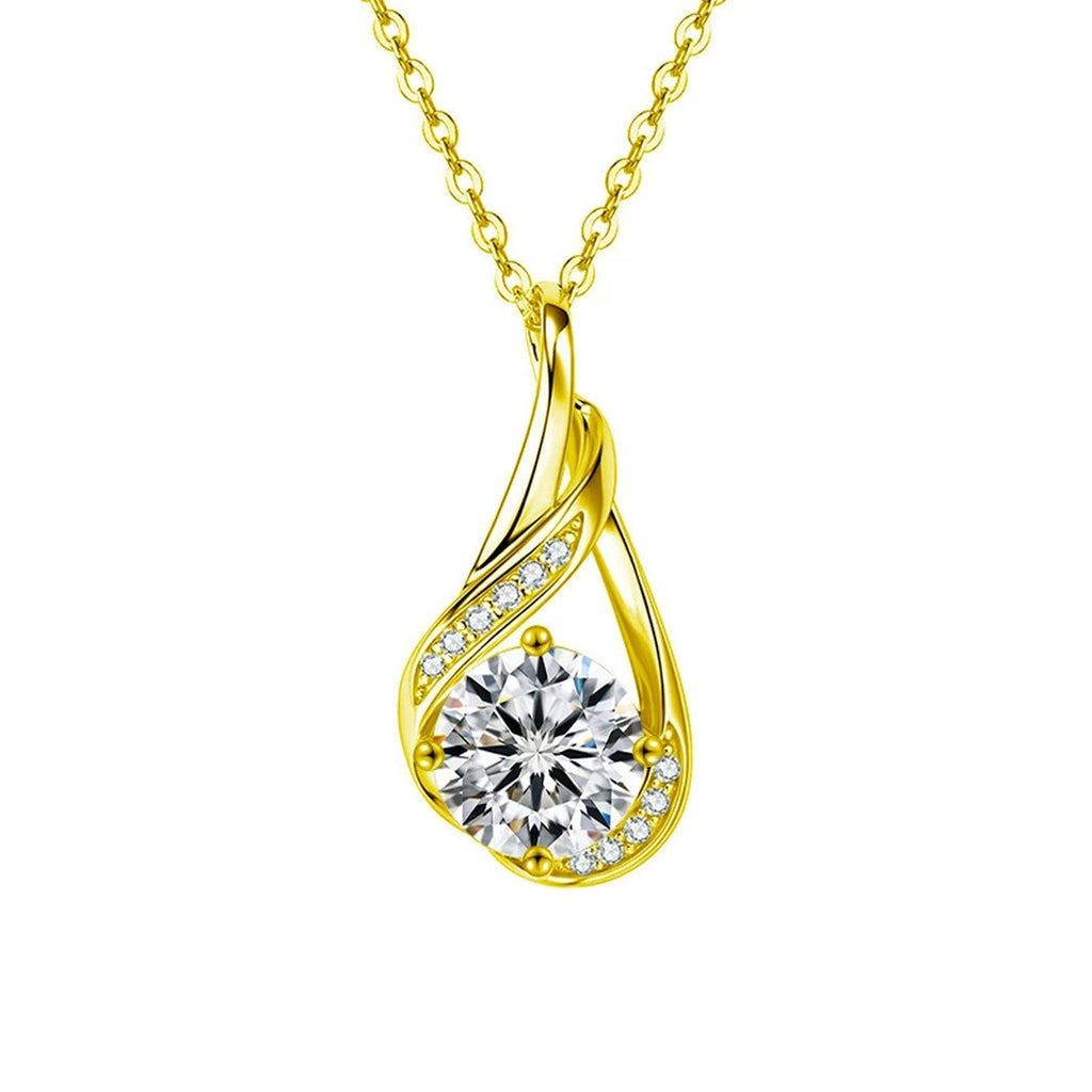Teardrop Swirl Round Moissanite Necklace with CZ in Gold-Plated S925 sterling silver white background front product view showing sculptural teardrop swirl framing a round moissanite with CZ accents