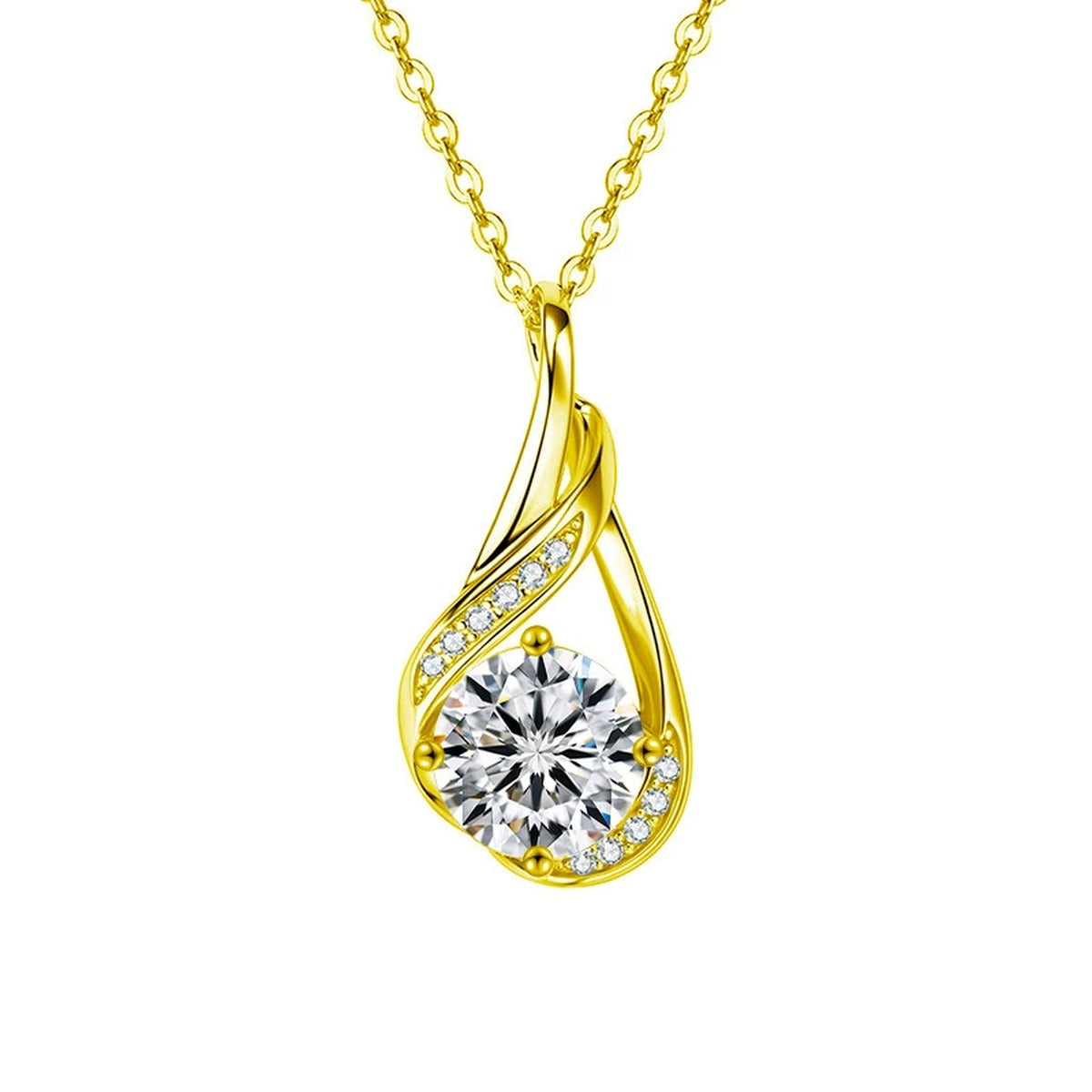Teardrop Swirl Round Moissanite Necklace with CZ in Gold-Plated S925 sterling silver white background front product view showing sculptural teardrop swirl framing a round moissanite with CZ accents