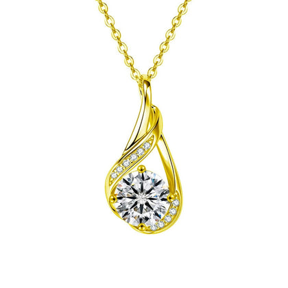 Teardrop Swirl Round Moissanite Necklace with CZ in Gold-Plated S925 sterling silver white background front product view showing sculptural teardrop swirl framing a round moissanite with CZ accents