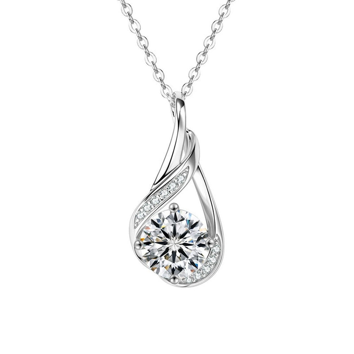 Teardrop Swirl Round Moissanite Necklace with CZ in Gold-Plated S925 sterling silver alternate metal color white background product view showing sculptural teardrop swirl framing a round moissanite with CZ accents