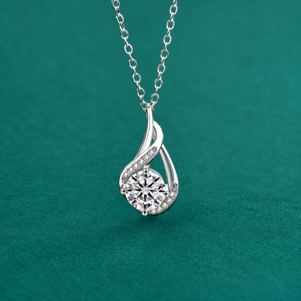 Teardrop Swirl Round Moissanite Necklace with CZ in Gold-Plated S925 sterling silver close-up styled product scene showing pendant setting