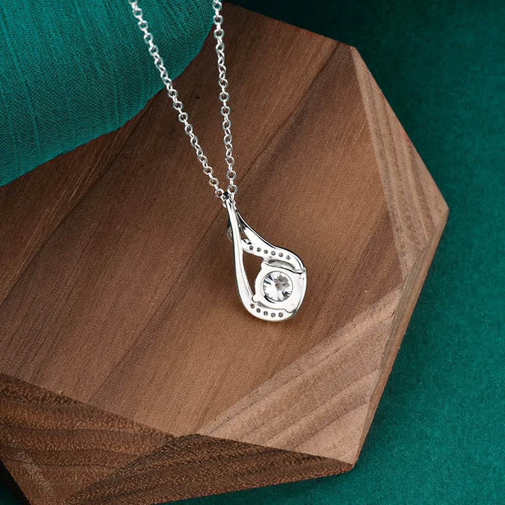 Teardrop Swirl Round Moissanite Necklace with CZ in Gold-Plated S925 sterling silver display scene showing chain and stone layout