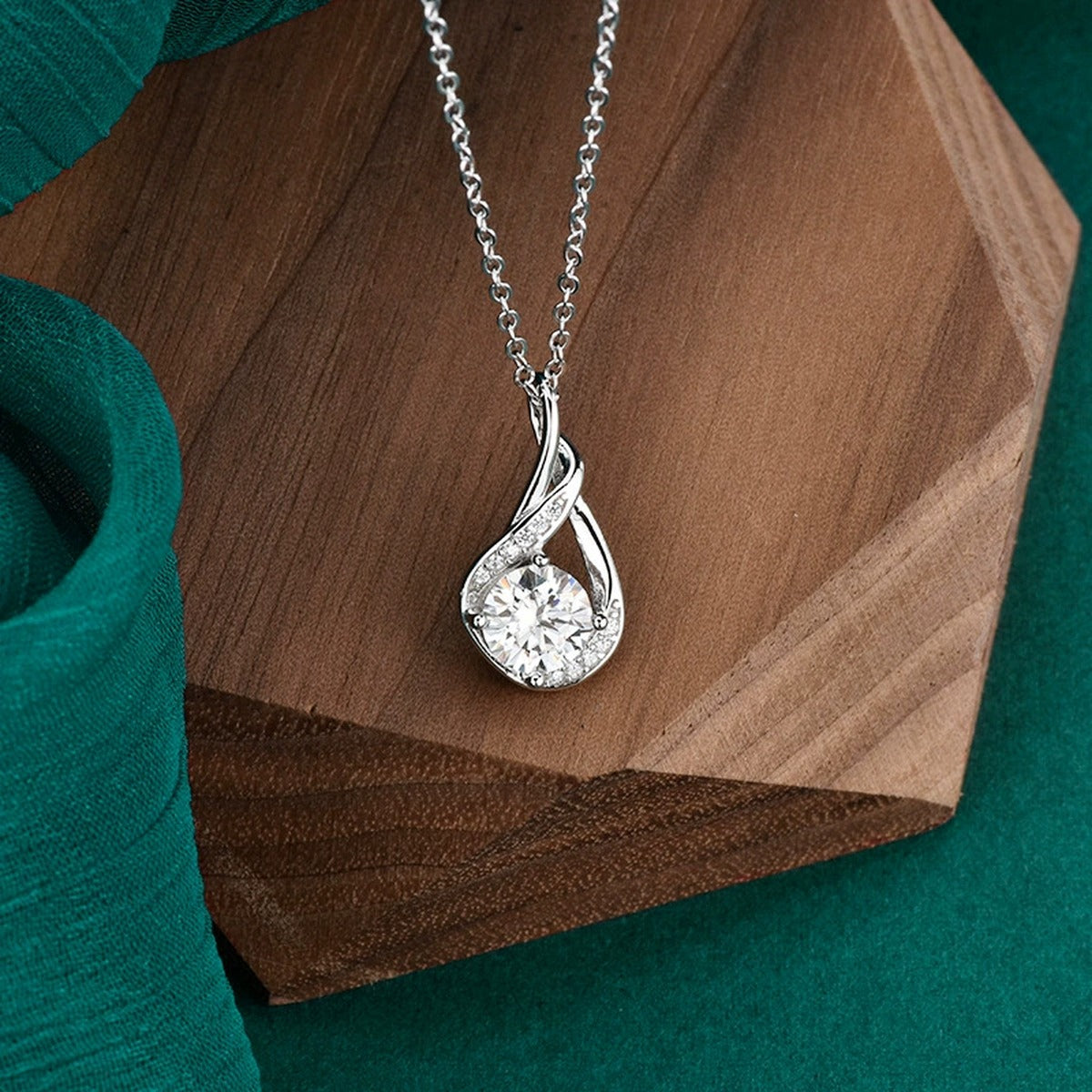 Teardrop Swirl Round Moissanite Necklace with CZ in Gold-Plated S925 sterling silver angled product detail view