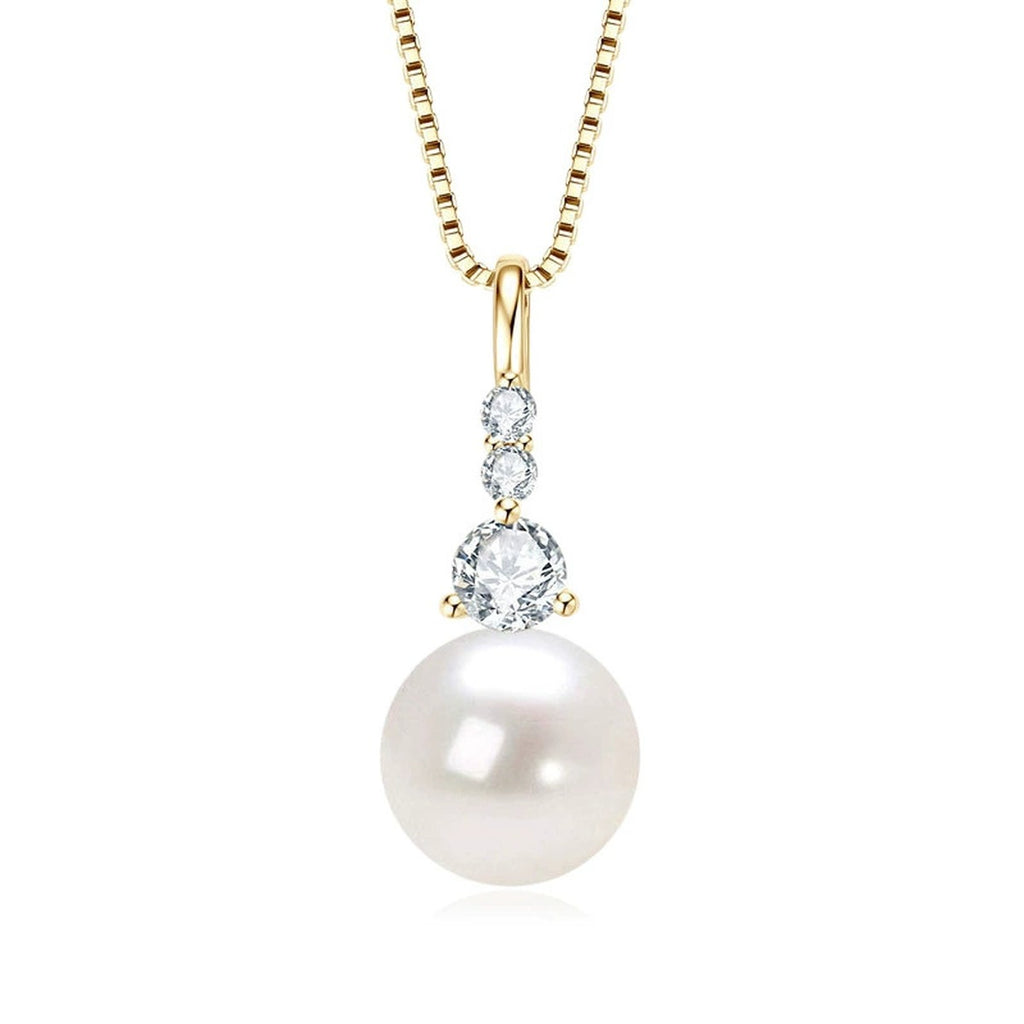 Pearl Drop Round Moissanite Necklace in Gold-Plated S925 sterling silver white background front product view showing classic pearl drop topped with graduated round moissanite