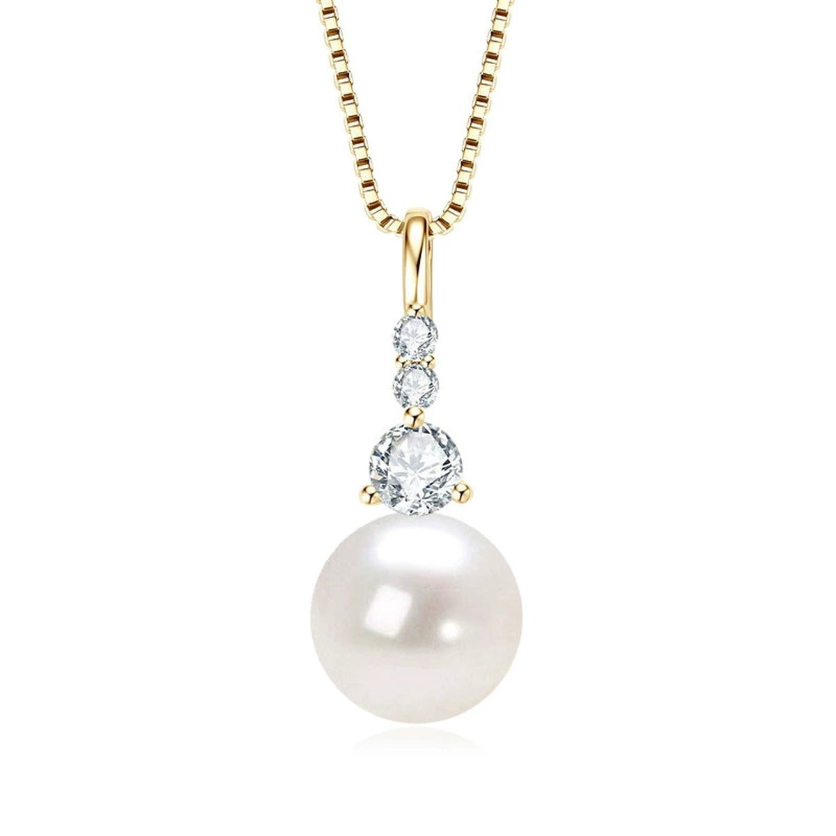 Pearl Drop Round Moissanite Necklace in Gold-Plated S925 sterling silver white background front product view showing classic pearl drop topped with graduated round moissanite