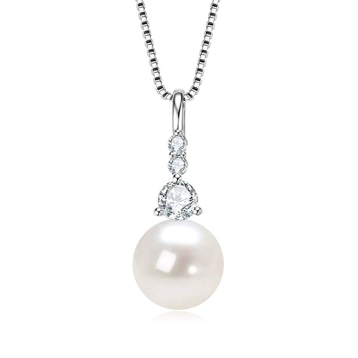 Pearl Drop Round Moissanite Necklace in Gold-Plated S925 sterling silver alternate metal color white background product view showing classic pearl drop topped with graduated round moissanite
