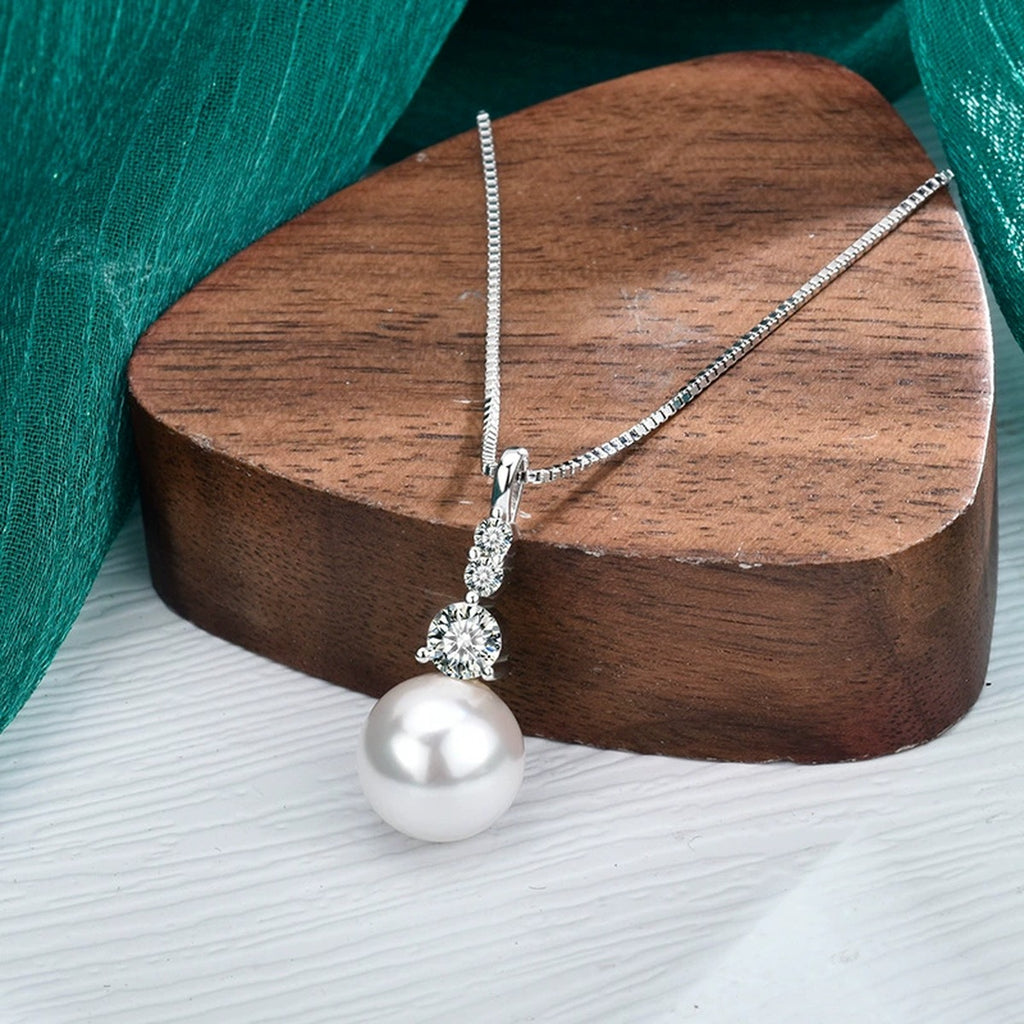 Pearl Drop Round Moissanite Necklace in Gold-Plated S925 sterling silver angled product detail view