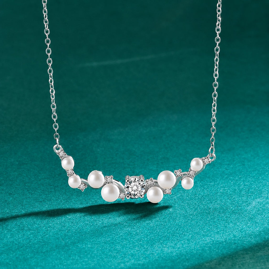 Branch Pearl Round Moissanite Necklace in Gold-Plated S925 sterling silver close-up styled product scene showing pendant setting
