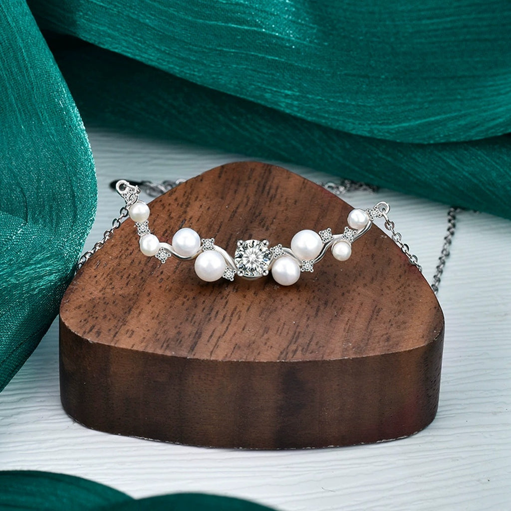 Branch Pearl Round Moissanite Necklace in Gold-Plated S925 sterling silver display scene showing chain and stone layout