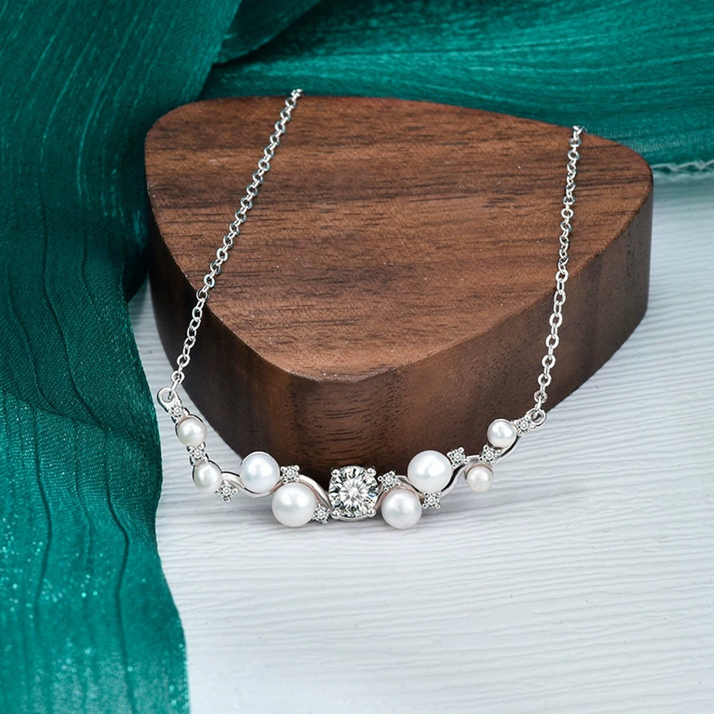 Branch Pearl Round Moissanite Necklace in Gold-Plated S925 sterling silver angled product detail view