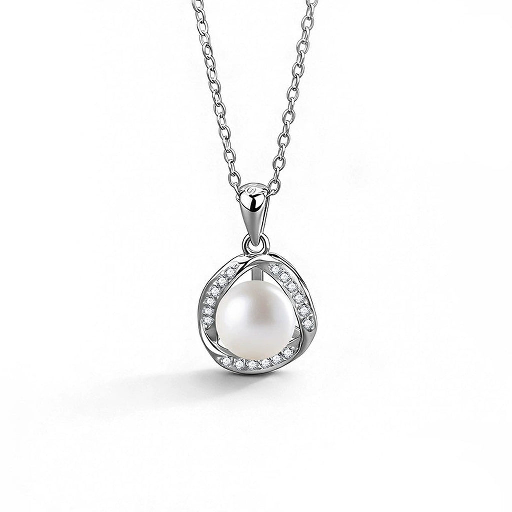 Halo Pearl Round Moissanite Necklace in White Gold-Plated S925 sterling silver white background front product view showing button pearl framed by an open round moissanite halo