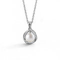 Halo Pearl Round Moissanite Necklace in White Gold-Plated S925 sterling silver white background front product view showing button pearl framed by an open round moissanite halo