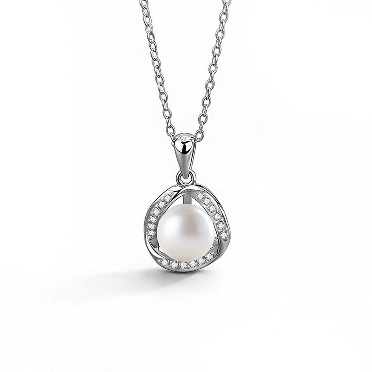 Halo Pearl Round Moissanite Necklace in White Gold-Plated S925 sterling silver white background front product view showing button pearl framed by an open round moissanite halo