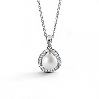 Halo Pearl Round Moissanite Necklace in White Gold-Plated S925 sterling silver white background front product view showing button pearl framed by an open round moissanite halo