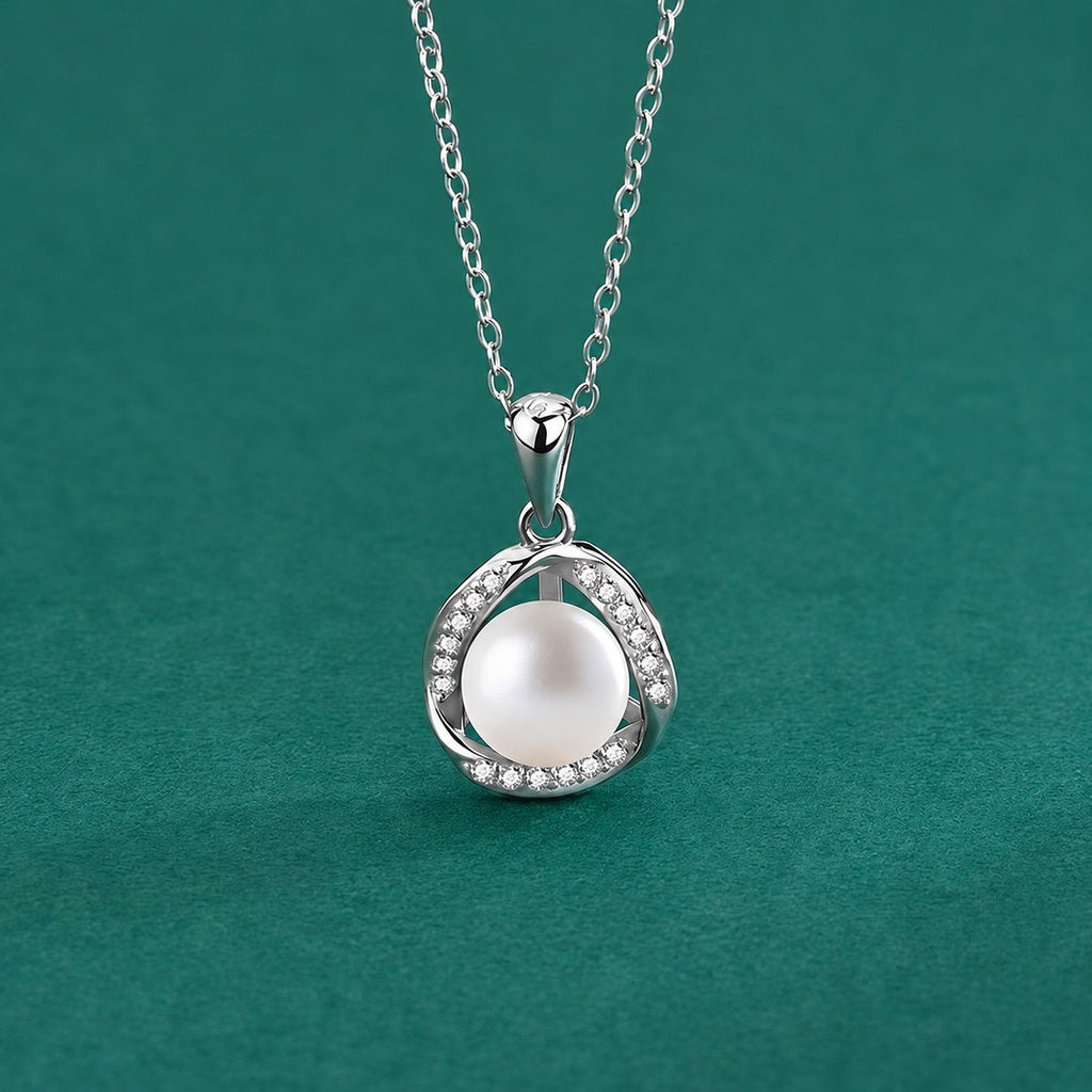 Halo Pearl Round Moissanite Necklace in White Gold-Plated S925 sterling silver close-up styled product scene showing pendant setting