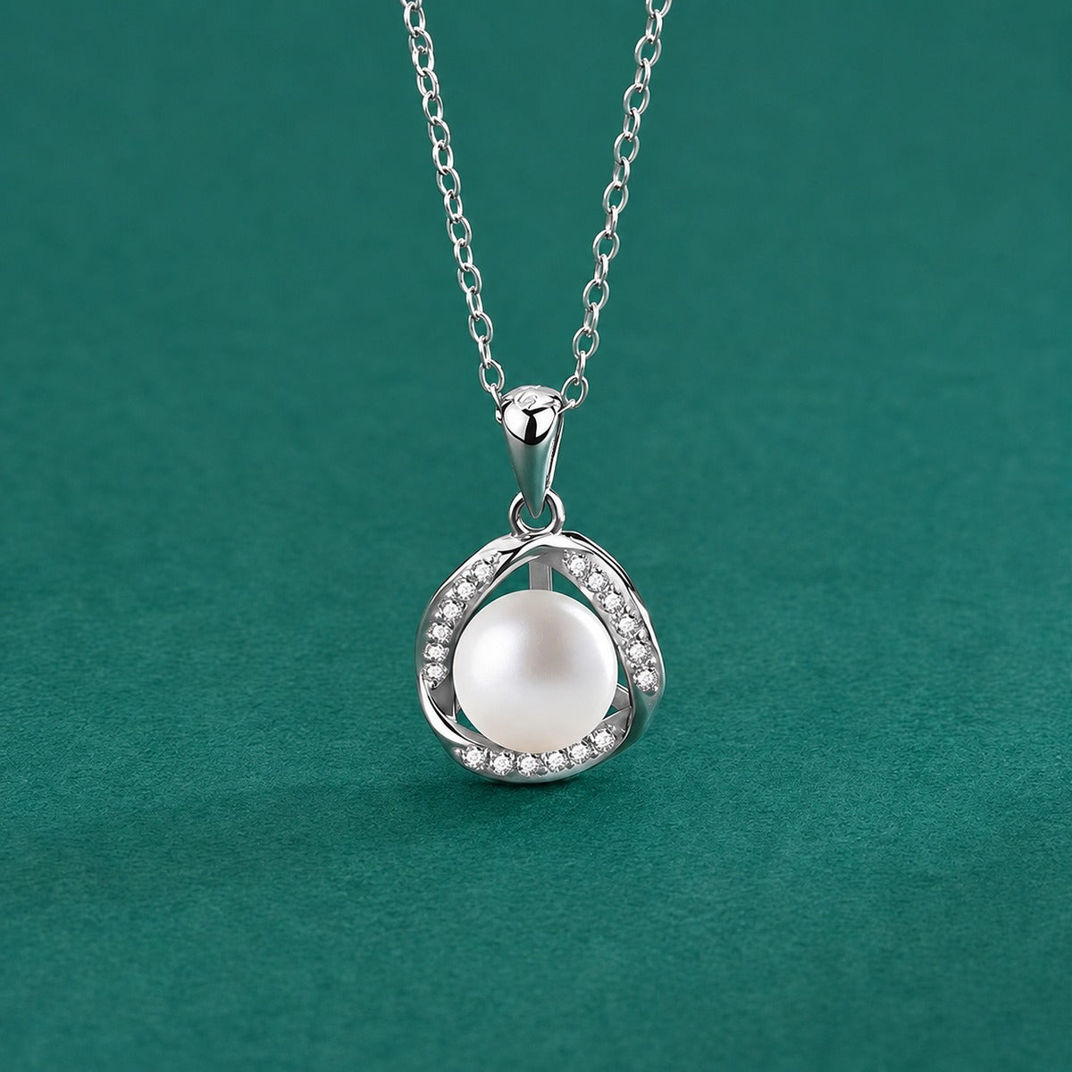 Halo Pearl Round Moissanite Necklace in White Gold-Plated S925 sterling silver close-up styled product scene showing pendant setting