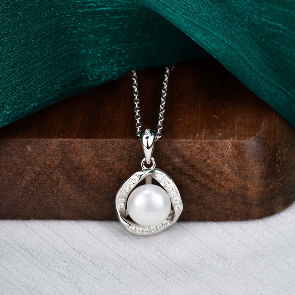 Halo Pearl Round Moissanite Necklace in White Gold-Plated S925 sterling silver display scene showing chain and stone layout