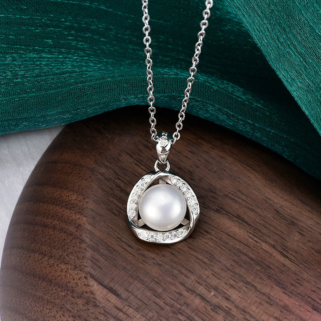 Halo Pearl Round Moissanite Necklace in White Gold-Plated S925 sterling silver angled product detail view