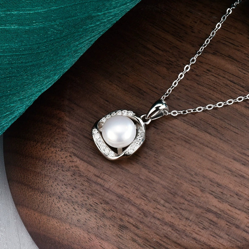 Halo Pearl Round Moissanite Necklace in White Gold-Plated S925 sterling silver additional product styling view