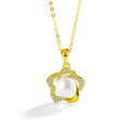 Floral Button Pearl Moissanite Necklace in Gold-Plated S925 sterling silver white background front product view showing flower pendant framing a button pearl with fine round moissanite petals
