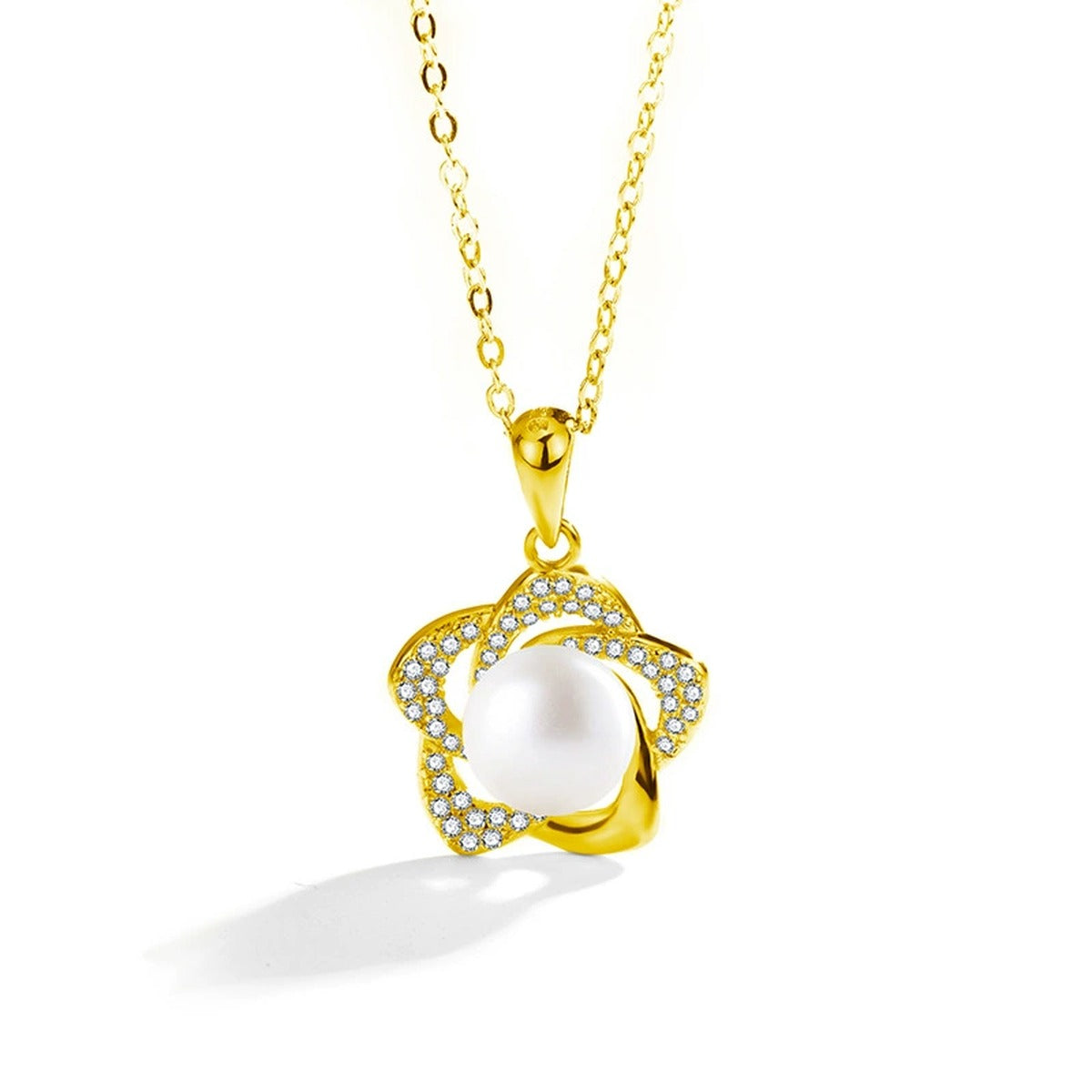 Floral Button Pearl Moissanite Necklace in Gold-Plated S925 sterling silver white background front product view showing flower pendant framing a button pearl with fine round moissanite petals