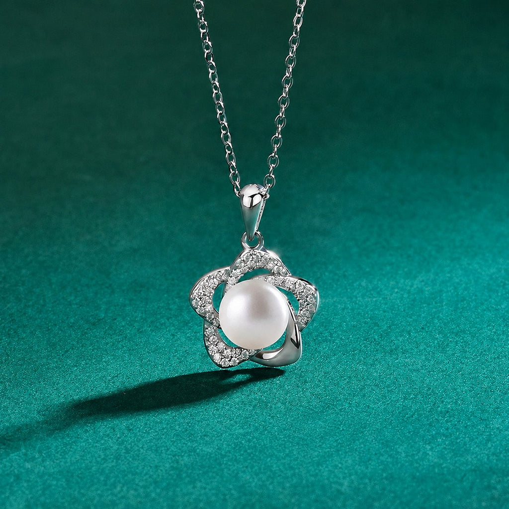 Floral Button Pearl Moissanite Necklace in Gold-Plated S925 sterling silver close-up styled product scene showing pendant setting