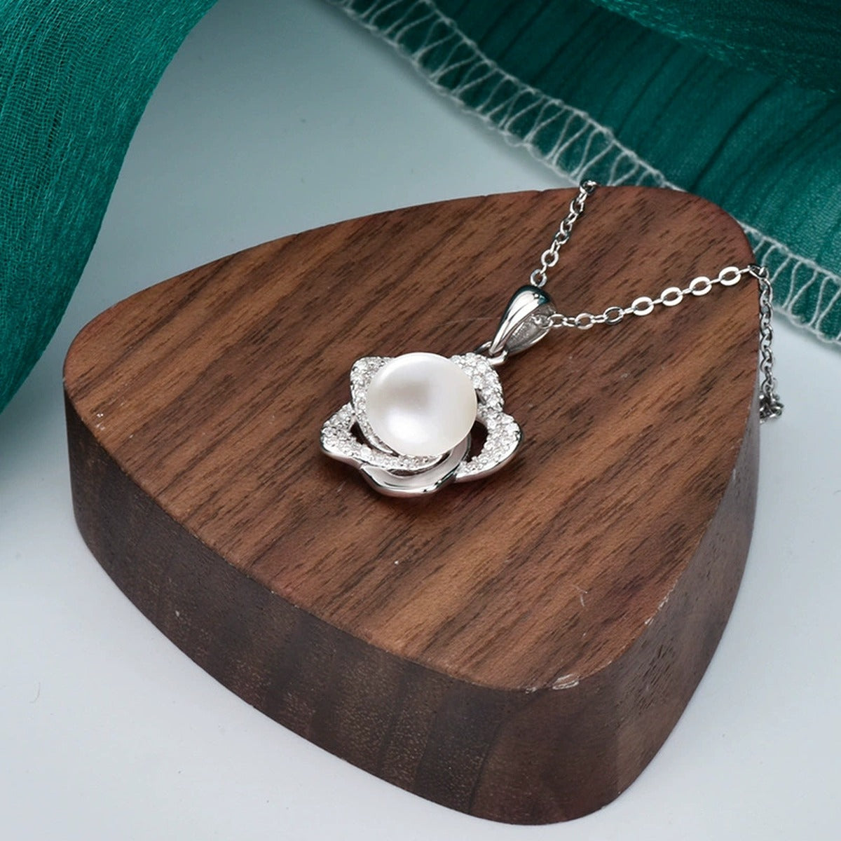 Floral Button Pearl Moissanite Necklace in Gold-Plated S925 sterling silver angled product detail view