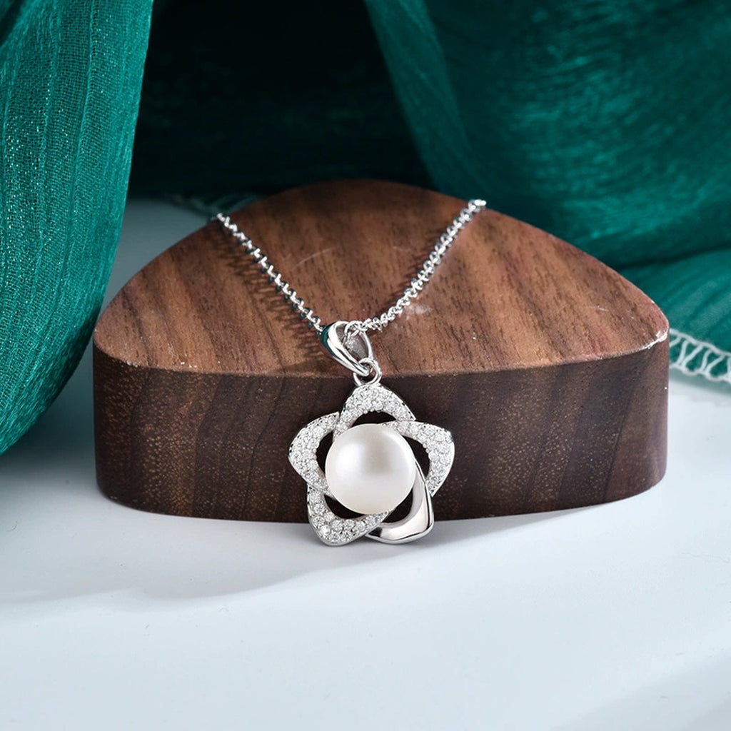 Floral Button Pearl Moissanite Necklace in Gold-Plated S925 sterling silver additional product styling view