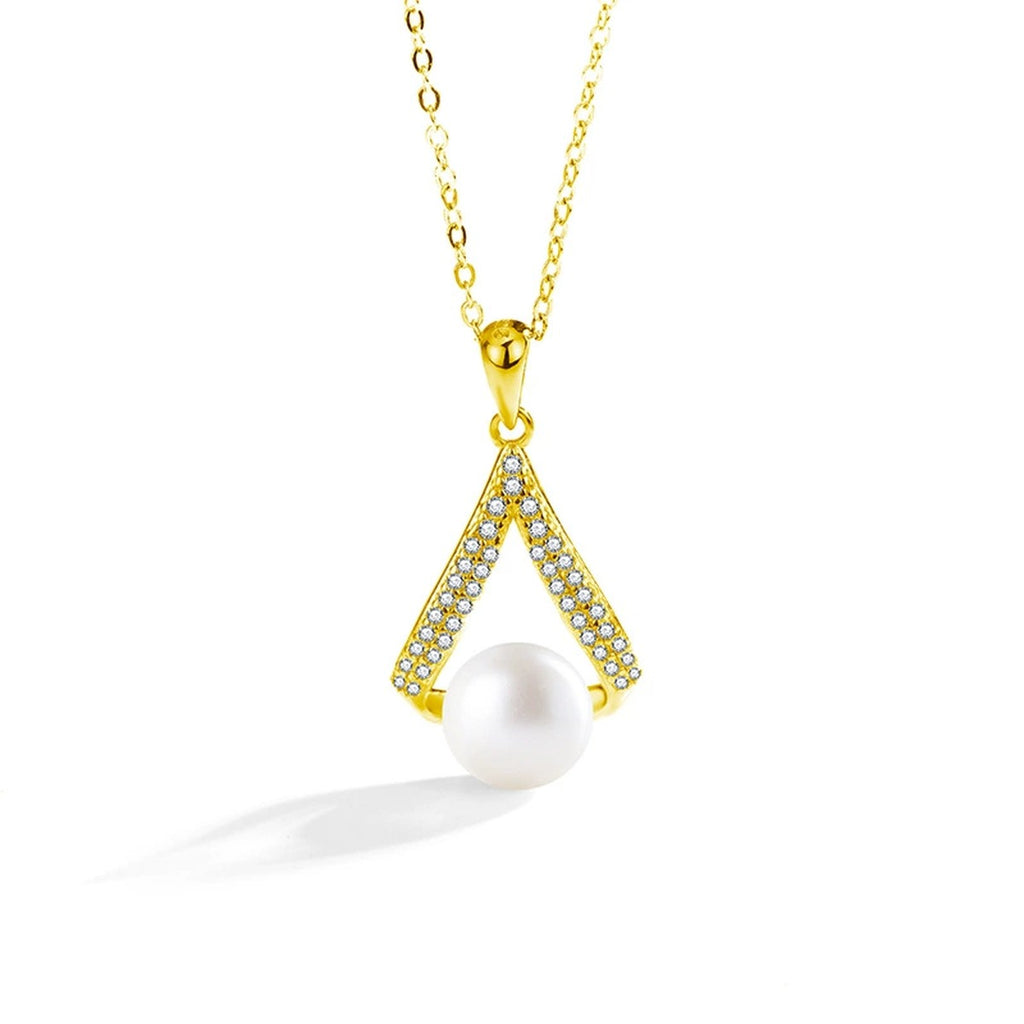 V-Shape Button Pearl Moissanite Necklace in Gold-Plated S925 sterling silver white background front product view showing open V-shaped pendant surrounding a button pearl with round moissanite accents
