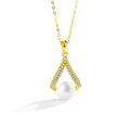 V-Shape Button Pearl Moissanite Necklace in Gold-Plated S925 sterling silver white background front product view showing open V-shaped pendant surrounding a button pearl with round moissanite accents