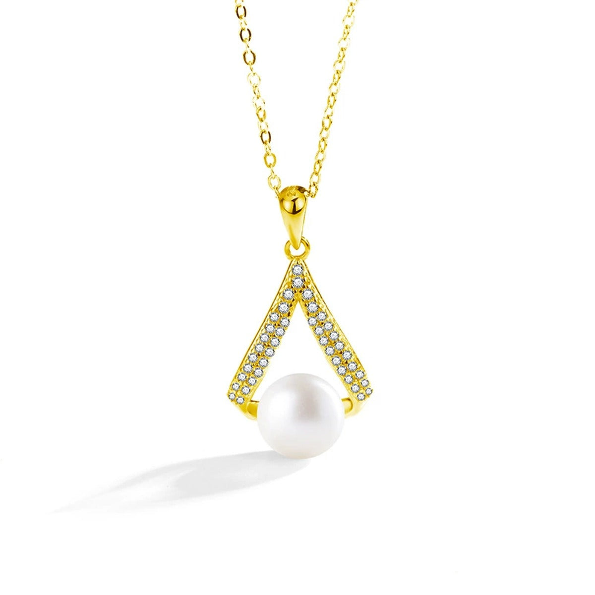 V-Shape Button Pearl Moissanite Necklace in Gold-Plated S925 sterling silver white background front product view showing open V-shaped pendant surrounding a button pearl with round moissanite accents