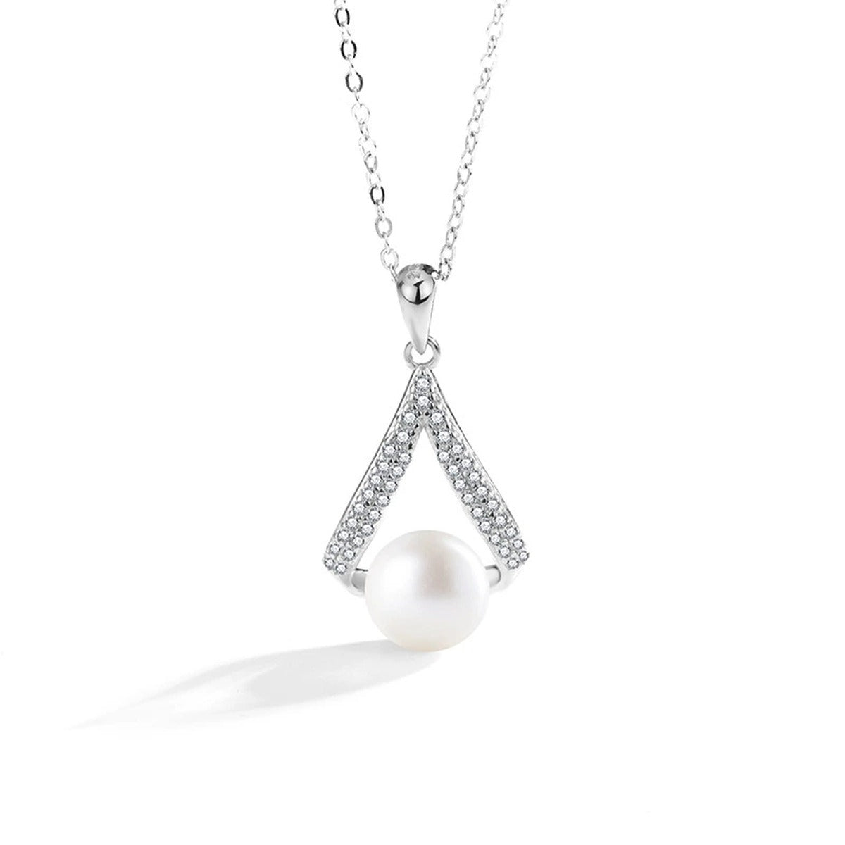V-Shape Button Pearl Moissanite Necklace in Gold-Plated S925 sterling silver alternate metal color white background product view showing open V-shaped pendant surrounding a button pearl with round moissanite accents