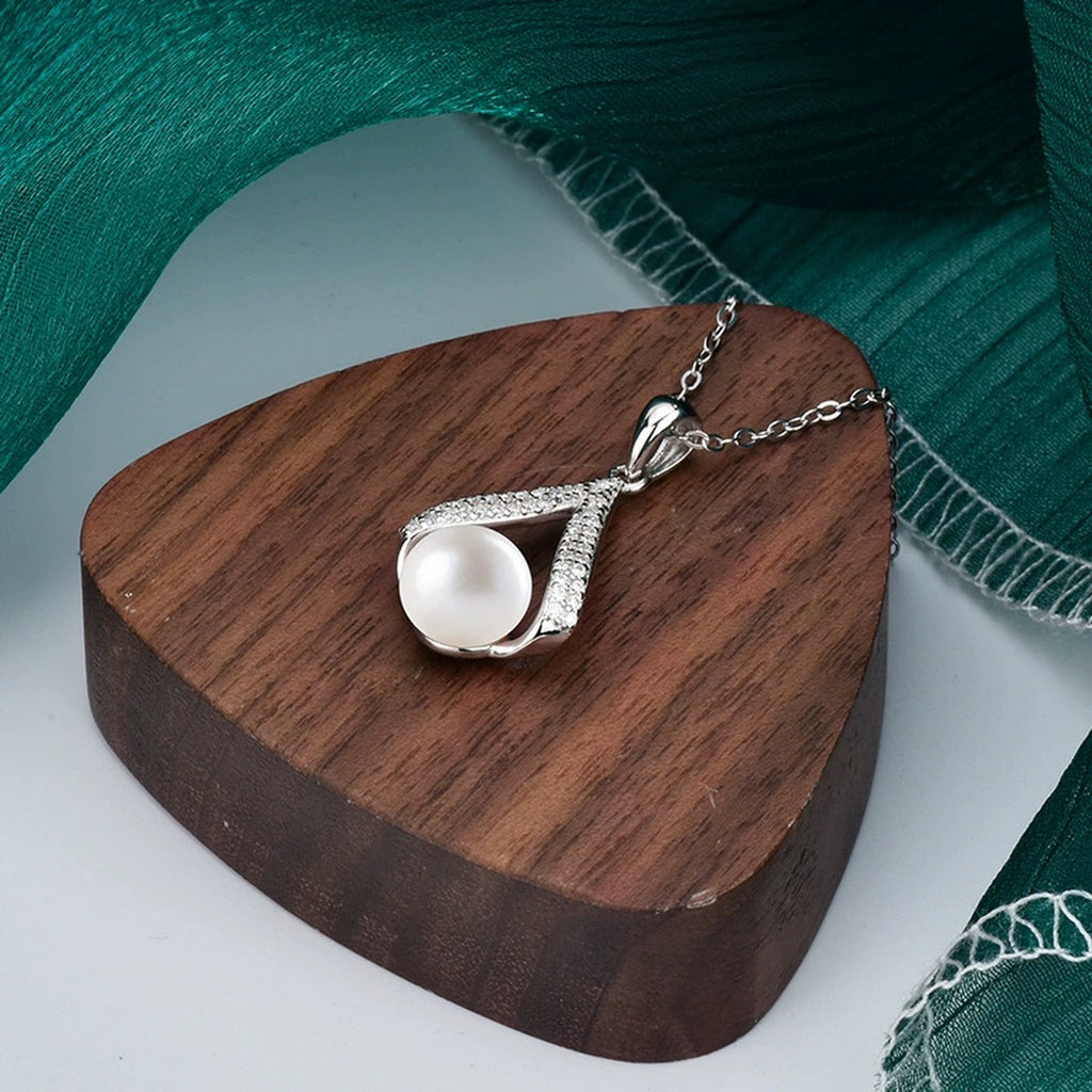 V-Shape Button Pearl Moissanite Necklace in Gold-Plated S925 sterling silver angled product detail view