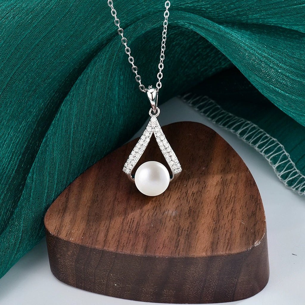 V-Shape Button Pearl Moissanite Necklace in Gold-Plated S925 sterling silver additional product styling view