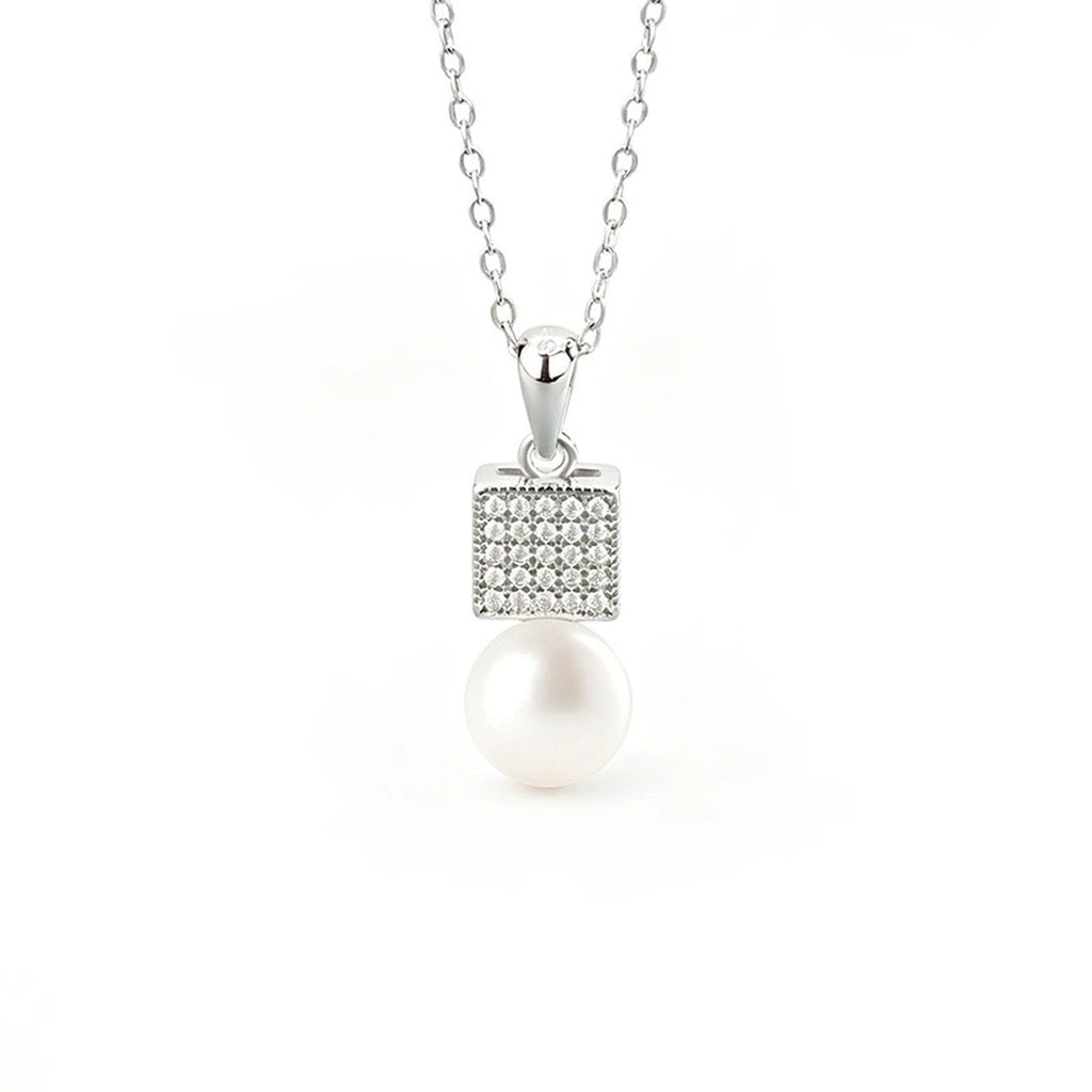 Geometric Pearl Pave Moissanite Necklace in White Gold-Plated S925 sterling silver white background front product view showing square pave moissanite pendant finished with a button pearl drop