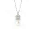 Geometric Pearl Pave Moissanite Necklace in White Gold-Plated S925 sterling silver white background front product view showing square pave moissanite pendant finished with a button pearl drop