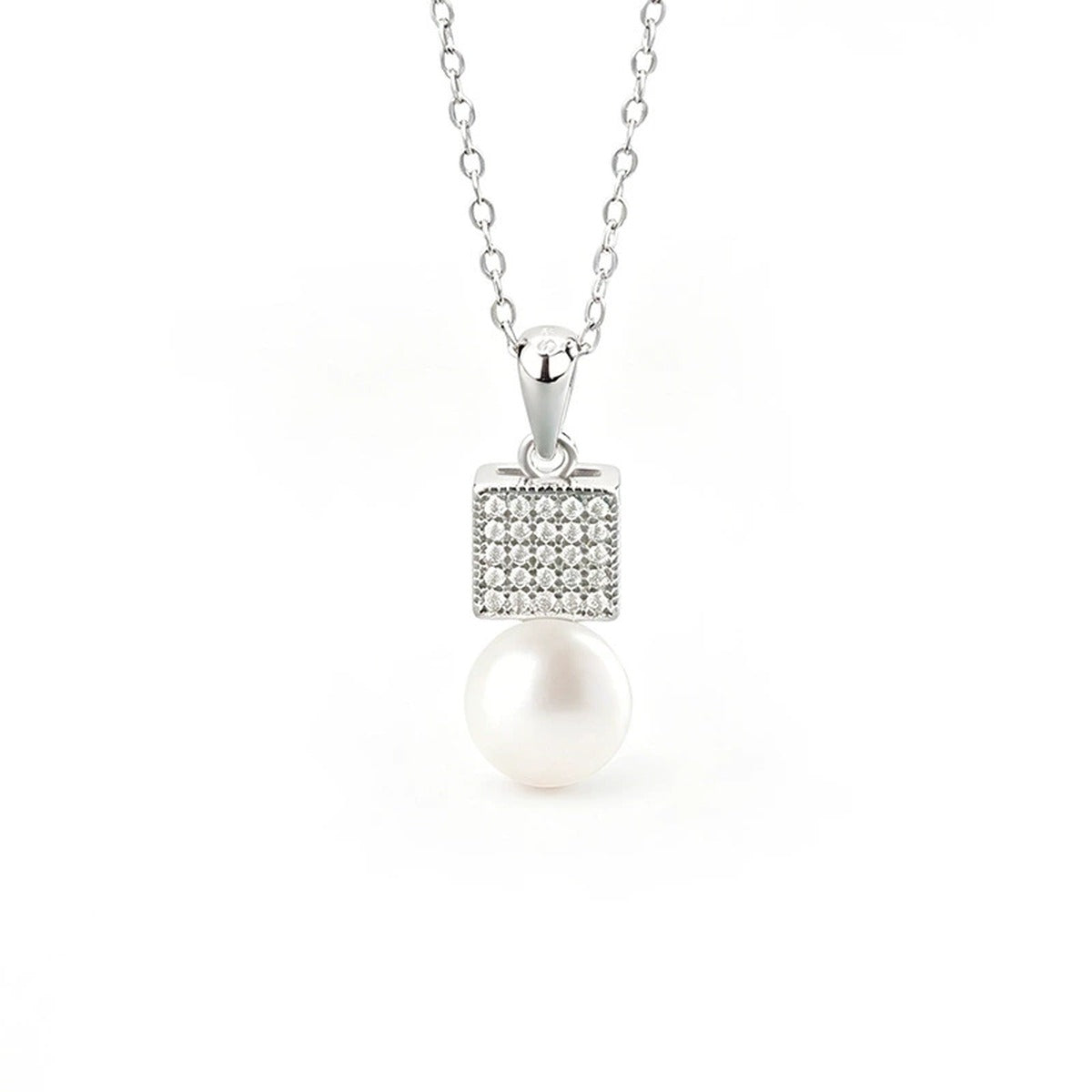 Geometric Pearl Pave Moissanite Necklace in White Gold-Plated S925 sterling silver white background front product view showing square pave moissanite pendant finished with a button pearl drop