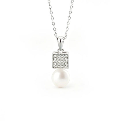 Geometric Pearl Pave Moissanite Necklace in White Gold-Plated S925 sterling silver white background front product view showing square pave moissanite pendant finished with a button pearl drop