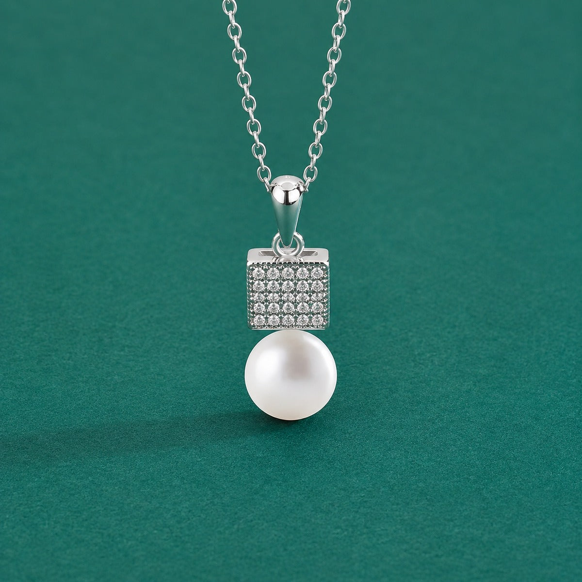 Geometric Pearl Pave Moissanite Necklace in White Gold-Plated S925 sterling silver close-up styled product scene showing pendant setting