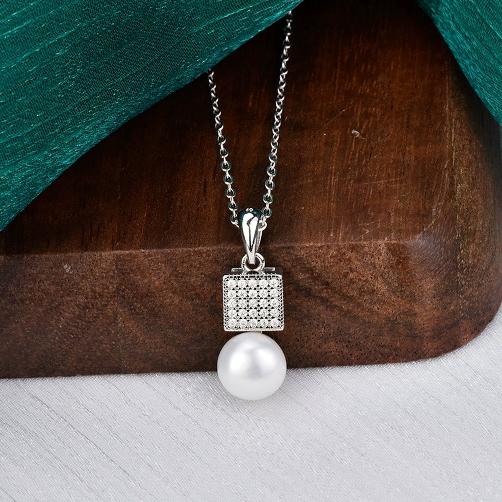 Geometric Pearl Pave Moissanite Necklace in White Gold-Plated S925 sterling silver display scene showing chain and stone layout