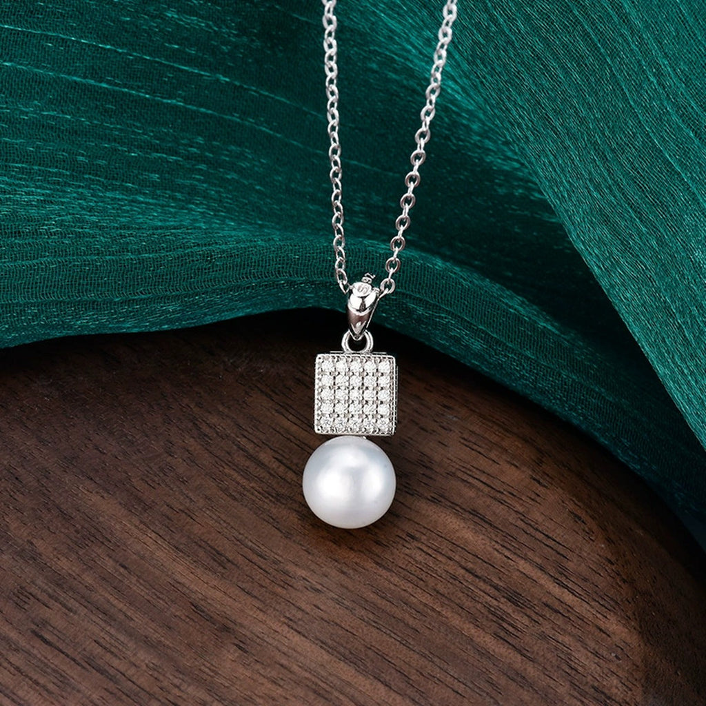 Geometric Pearl Pave Moissanite Necklace in White Gold-Plated S925 sterling silver angled product detail view