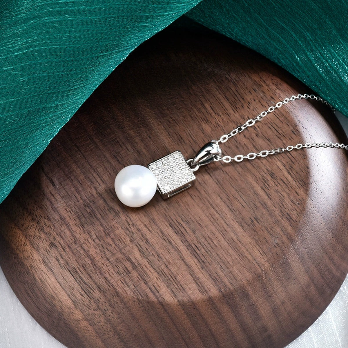 Geometric Pearl Pave Moissanite Necklace in White Gold-Plated S925 sterling silver additional product styling view