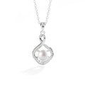 Floral Pearl Round Moissanite Necklace in White Gold-Plated S925 sterling silver white background front product view showing open floral teardrop framing a button pearl with round moissanite accents