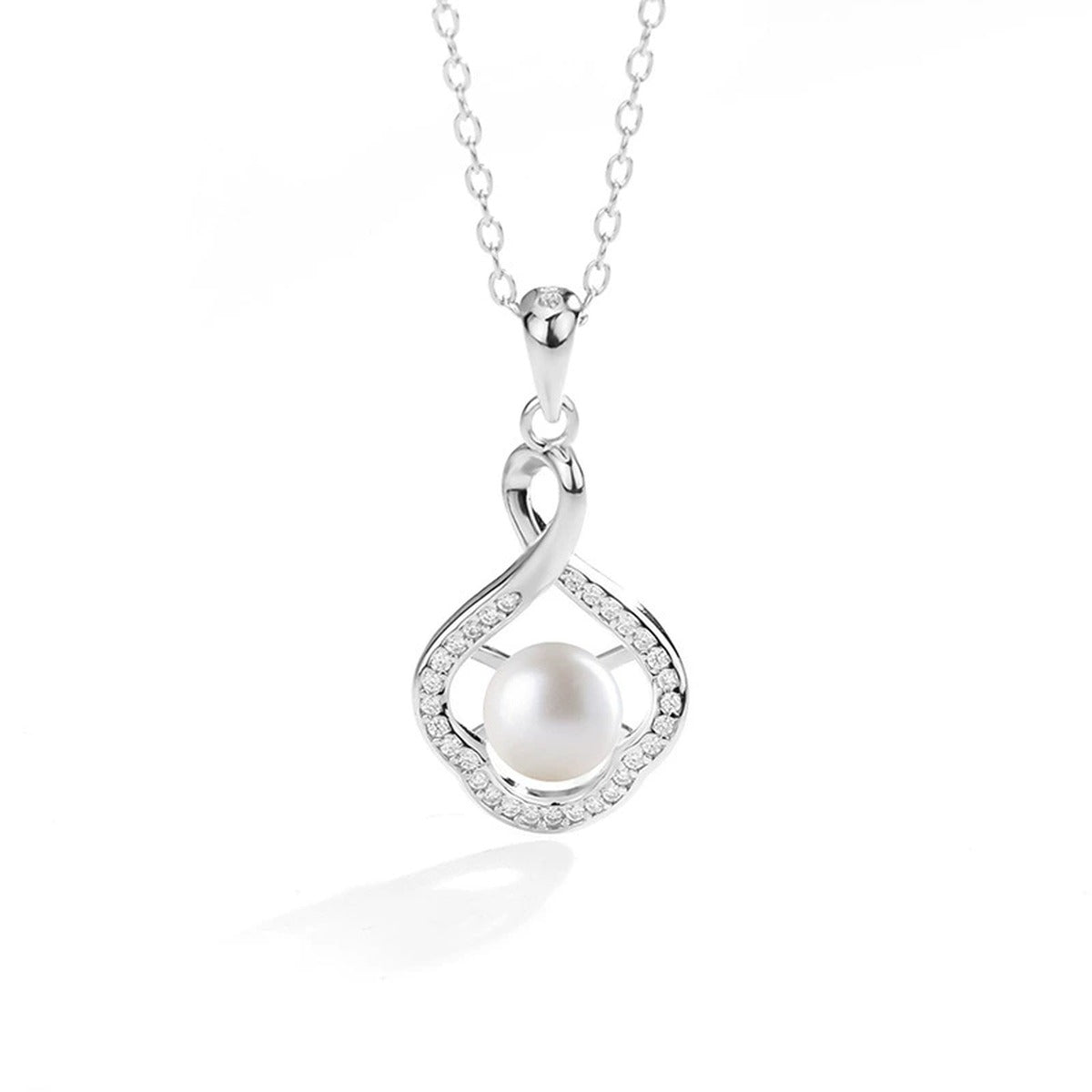 Floral Pearl Round Moissanite Necklace in White Gold-Plated S925 sterling silver white background front product view showing open floral teardrop framing a button pearl with round moissanite accents