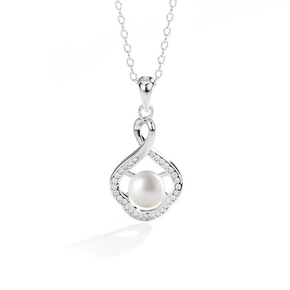 Floral Pearl Round Moissanite Necklace in White Gold-Plated S925 sterling silver white background front product view showing open floral teardrop framing a button pearl with round moissanite accents