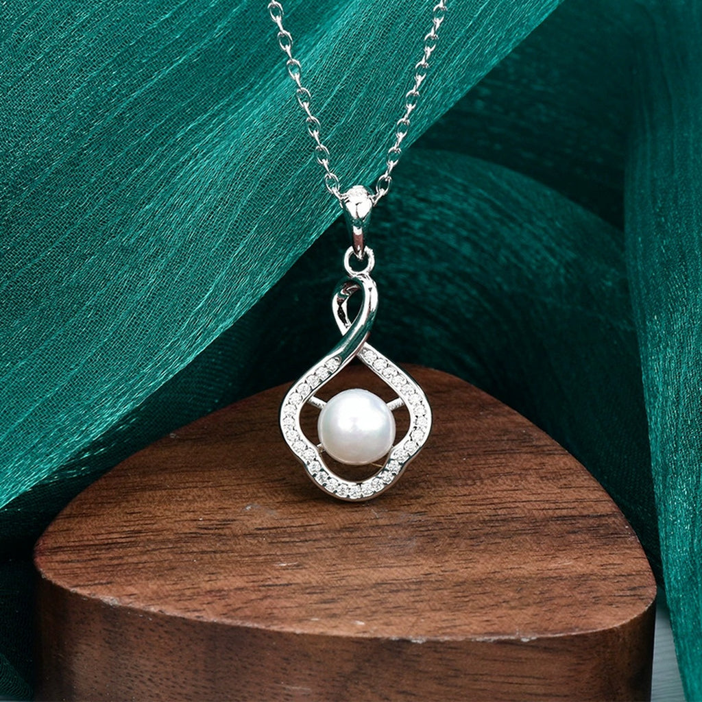 Floral Pearl Round Moissanite Necklace in White Gold-Plated S925 sterling silver display scene showing chain and stone layout