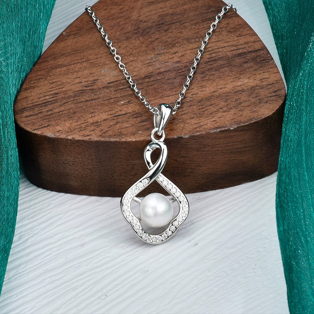 Floral Pearl Round Moissanite Necklace in White Gold-Plated S925 sterling silver angled product detail view