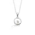 Circle Freshwater Pearl Necklace in White Gold-Plated S925 sterling silver white background front product view showing minimal open circle pendant cradling a freshwater button pearl