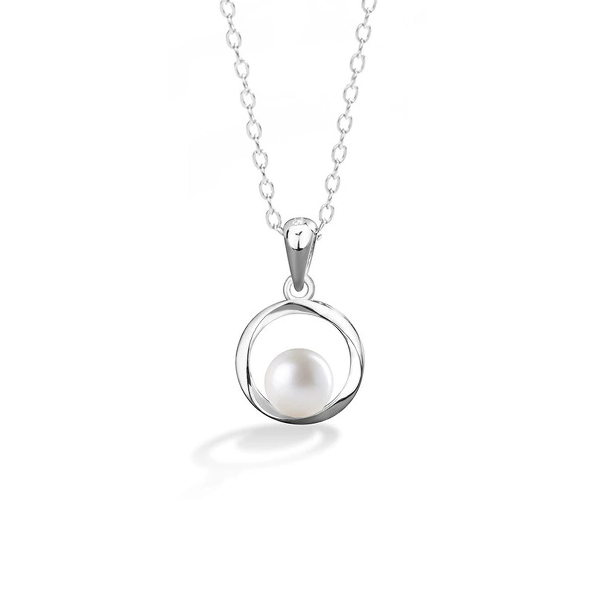 Circle Freshwater Pearl Necklace in White Gold-Plated S925 sterling silver white background front product view showing minimal open circle pendant cradling a freshwater button pearl
